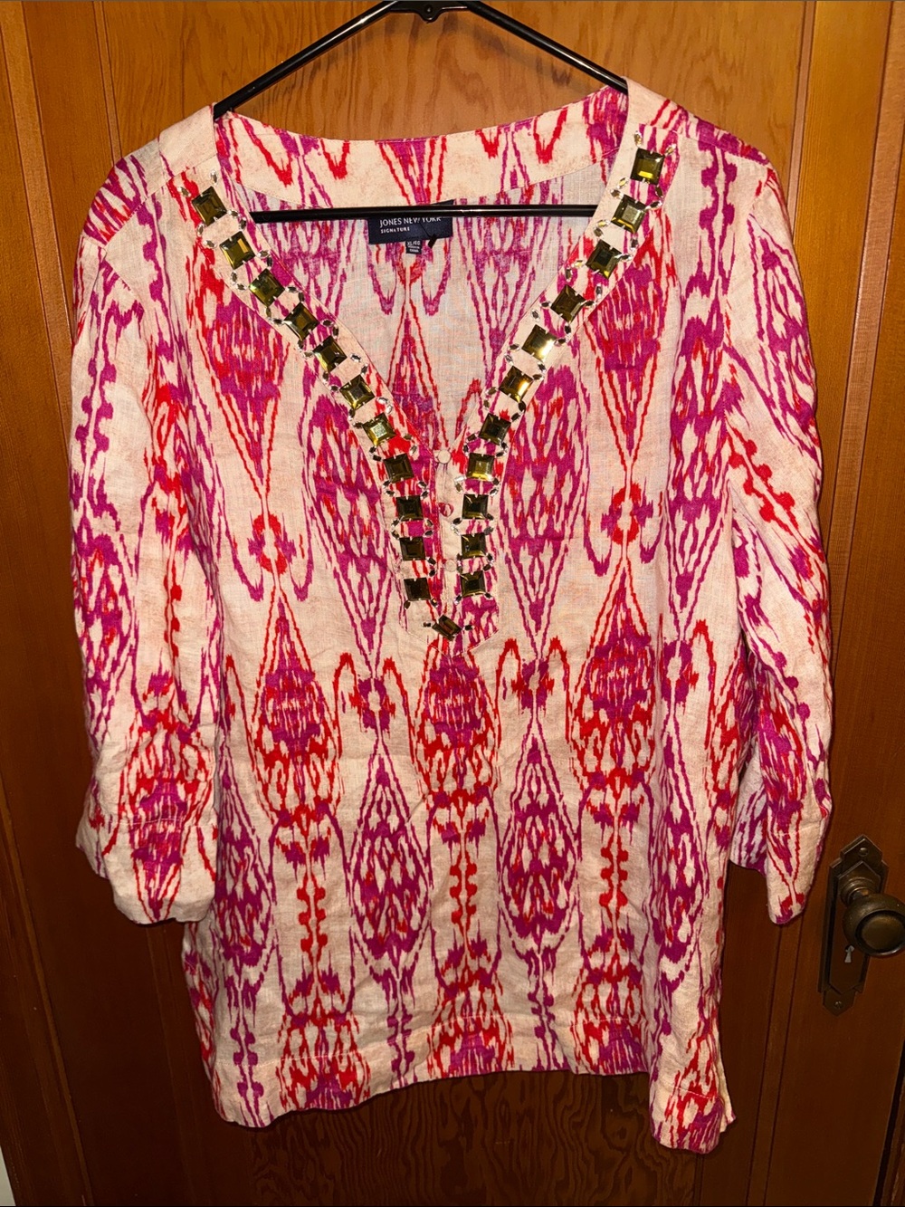 Jones New York 100% linen Pink and Red Bejeweled Ikat Tunic